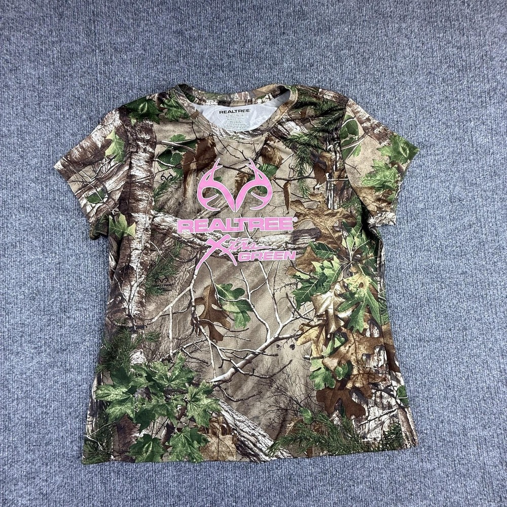 Realtree Shirt Kids XL 16-18‎ Brown Camo Xtra Green Pink Logo Crew Neck Tee